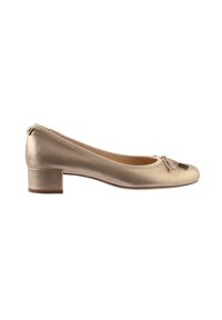 Gold satin ballet flats with a rounded toe, subtle bow detail, and a low block heel. Smooth texture with a slightly reflective surface.