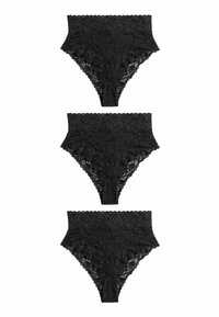 Black lace high-waisted panties with floral pattern, scalloped edges, and a soft, sheer texture. Three pairs stacked vertically.