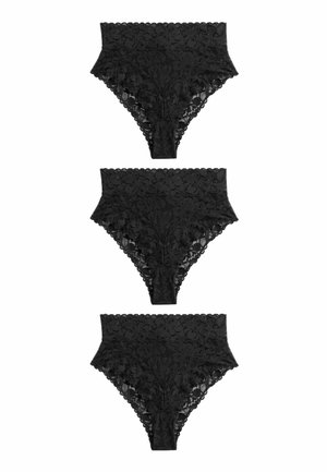 Black lace high-waisted panties with floral pattern, scalloped edges, and a soft, sheer texture. Three pairs stacked vertically.