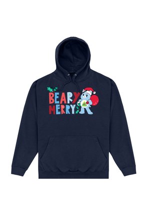 Granatowy polarowy hoodie z kieszenią kangurką, zdobiony nadrukiem graficznym przedstawiającym niedźwiedzia w czapce Mikołaja oraz napisem "BEARY MERRY".