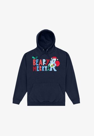 Námořnická modrá fleecová mikina s klokaní kapsou, s grafickým potiskem medvěda v santovské čepici a textem "BEARY MERRY".