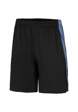 Bermudas atléticas negras hechas de tejido ligero, con una franja azul a lo largo del costado, cinturilla elástica y un corte holgado.