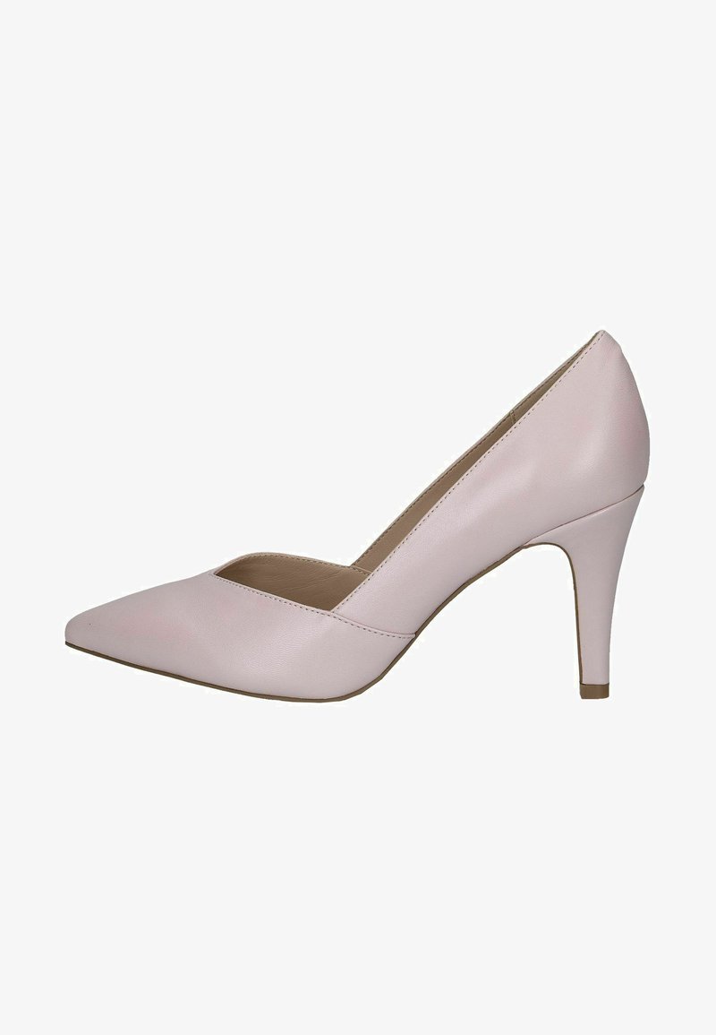 Roze usnjeni visoki čevlji z ostro konico, odprtimi stranmi in 3-palčnim stiletto peto. Gladka tekstura in minimalističen dizajn.