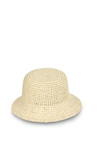 Witte geweven strohoed met een ronde kroon en een brede rand, voorzien van een textuurafwerking en een casual, ontspannen ontwerp.