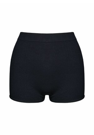 Czarne bezszwowe szorty z wysokim stanem, dopasowanym krojem i elastycznym pasem, zaprojektowane dla komfortu i elastyczności.