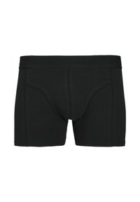 Black boxer briefs made of soft fabric, featuring a branded elastic waistband and a snug fit with reinforced seams and a front pouch.