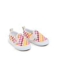 Buty wsuwane w wielokolorowy wzór w kratkę z różowymi, pomarańczowymi i żółtymi kwadratami. Biała gumowa podeszwa i beżowe akcenty.