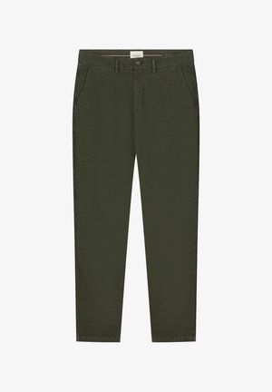 Olivengrüne Baumwollhose mit Slim Fit, Reißverschluss, Vordertaschen und einem sauberen Saum. Mit einem klassischen Knopfverschluss.