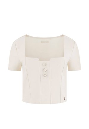 Kurzärmliges Oberteil mit quadratischem Ausschnitt aus cremefarbener Stoff, das in der Mitte drei dekorative Knöpfe hat. Es zeichnet sich durch eine taillierte Passform und subtile Abnäher aus.