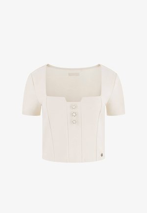 Top z krótkim rękawem, z kwadratowym dekoltem w kremowym kolorze, z trzema dekoracyjnymi guzikami na środku, o dopasowanym kroju i subtelnym panelowaniu.