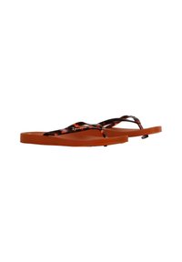 Brune flip-flops med en glat, skildpaddemønstret rem, der har en flad, tekstureret sål og en tynd tåpostdesign.