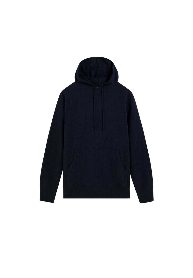 Sudadera con capucha de color azul marino, hecha de un tejido suave, que cuenta con un bolsillo frontal, cordones y puños y dobladillo acanalados. Diseño simple y minimalista.