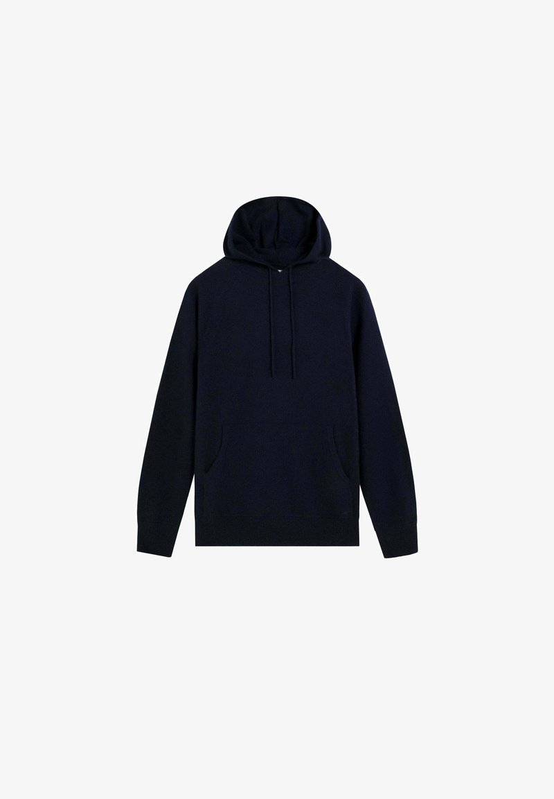 Sudadera con capucha de color azul marino, hecha de un tejido suave, que cuenta con un bolsillo frontal, cordones y puños y dobladillo acanalados. Diseño simple y minimalista.