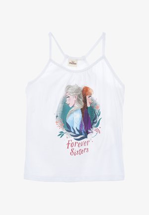 Canotta bianca in cotone con una grafica di due personaggi con i capelli lunghi, accenti floreali e la scritta "Sorelle per sempre" in rosa.