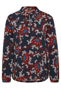 Camicia a maniche lunghe di colore blu navy scuro con un motivo floreale in rosso, blu e bianco. Presenta un colletto discreto e una scollatura con bottoni. Tessuto leggero.