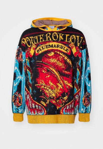 Multicolored knitted hoodie featuring a bold graphic design in red, yellow, black, and blue, with a detailed hood and ribbed hem.