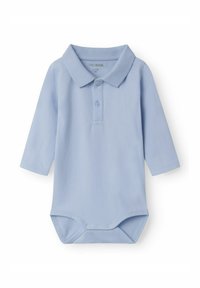 Ljusblå långärmad polo bodysuit i mjukt tyg. Har en krage, tre knappar framtill och tryckknappar i botten.
