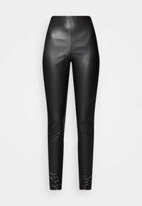 Svarta högmidjade skinnybyxor i konstläder med sömdetaljer, visade mot en enkel vit bakgrund.