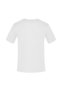 Weißes Baumwoll-T-Shirt mit kurzen Ärmeln, rundem Ausschnitt und glatter Textur. Die Rückansicht zeigt keine Designs oder Muster und vermittelt einen klaren Look.