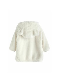 Weißer, flauschiger Jacke mit Kapuze und Ohrenapplikationen. Weicher, strukturierter Stoff und lockere Passform, mit langen Ärmeln und ohne Verschlüsse.