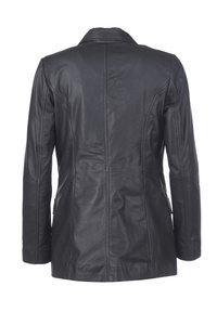 Zwarte leren jas, gladde textuur, op maat ontworpen, lange mouwen, geknipte revers, met naden en twee zijzakken.
