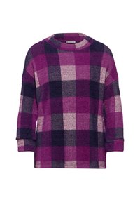 Fioletowy i różowy sweter w kratę; miękka, teksturowana tkanina; luźny krój z okrągłym dekoltem i rękawami do trzech czwarte; casualowy design.