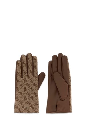 Un par de guantes marrones: uno con un patrón repetido de logotipos y el otro con la palma de cuero liso.