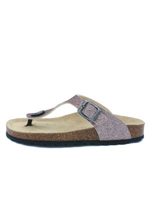 Sandale flip-flop pailletée rose et argent avec une semelle en liège ; elle est dotée d'un accent de bouton noir et d'une semelle en caoutchouc texturée.
