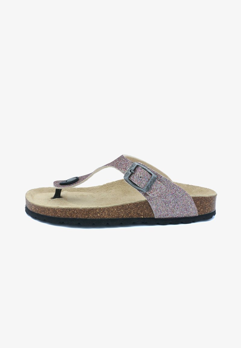 Sandale flip-flop pailletée rose et argent avec une semelle en liège ; elle est dotée d'un accent de bouton noir et d'une semelle en caoutchouc texturée.