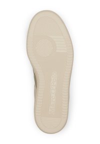 Beige gumová podešev s texturovaným vzorem, která má kruhový akcent a značkování "Marc O’Polo" ve vystouplém designu.