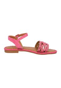 Pink sandals with dual bands featuring decorative embroidery and metallic accents. Flat sole with a textured edge and adjustable ankle strap.
