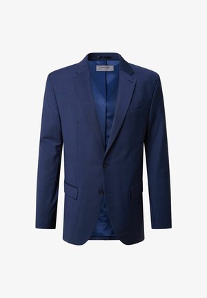 Blazer marine en tissu texturé, doté d'un col cranté, de deux poches avant et de deux boutons. Intérieur doublé avec une finition lisse.