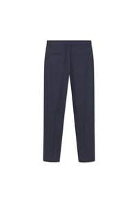 Navy trousers with a straight fit, tailored design, front and back pockets, smooth texture, and subtle stitching details along the seams.