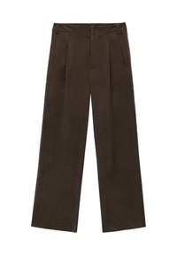 Bruine wijde broek van zacht materiaal, met een knoopsluiting in de taille, voorplooien en zijzakken. Gladde textuur en gestructureerde vorm.