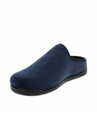 Pantofole slip-on blu navy con un upper in tessuto testurizzato e suola in gomma nera, caratterizzate da una punta arrotondata e un design a profilo basso.