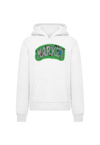 Felpa bianca con cappuccio e una grafica verde che presenta un design stradale e la scritta "MARKET!" in grigio con dettagli colorati di veicoli. Tasca anteriore.