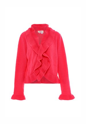 Cardigan rosa con una parte anteriore arricciata, colletto ampio e polsini aderenti. Realizzato in morbido tessuto lavorato a maglia con una finitura testurizzata.