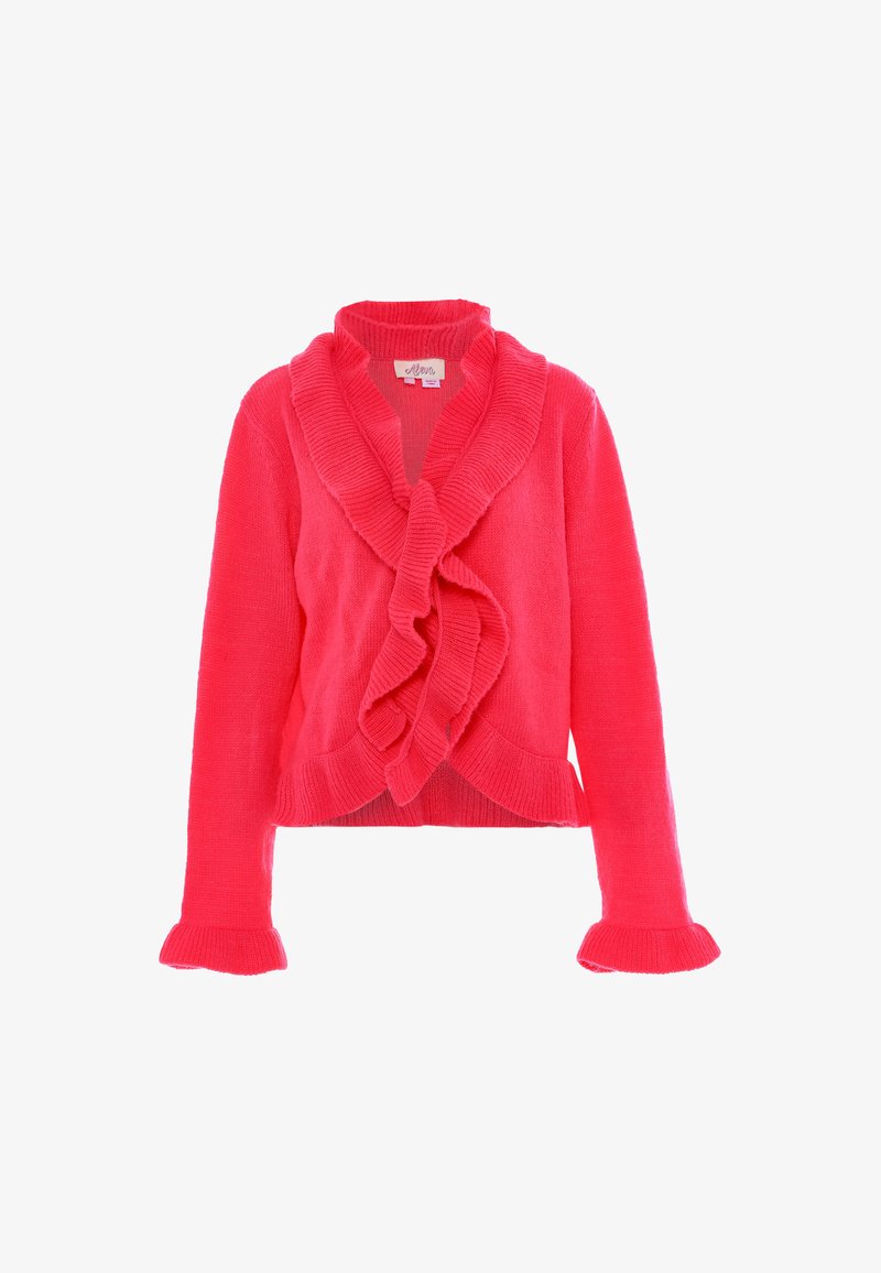 Cárdigan rosa con un delantero con volantes, collar amplio y puños ajustados. Hecho de un suave tejido de punto con un acabado texturizado.