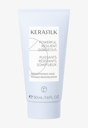 Tube de masque fortifiant KERASILK, 50 ml, avec un texte mettant en avant puissant, résistant, magnifique en anglais et en français.