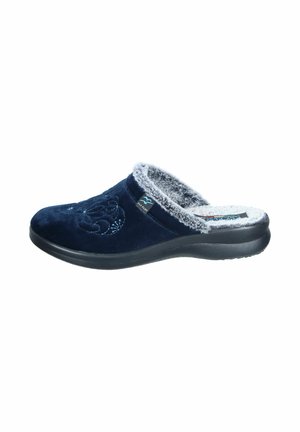 Navy blue suede clogs with a soft gray faux fur lining, featuring embroidered detail on the upper and a flexible black rubber sole.