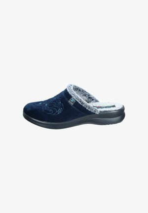Navy blue suede clogs with a soft gray faux fur lining, featuring embroidered detail on the upper and a flexible black rubber sole.