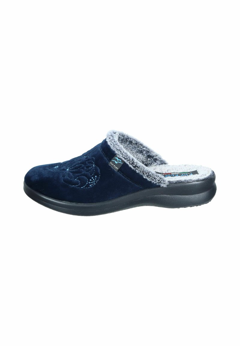 Navy blue suede clogs with a soft gray faux fur lining, featuring embroidered detail on the upper and a flexible black rubber sole.