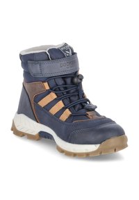 Botas de senderismo de la Marina con materiales de cuero y textil, cuentan con suela de goma, diseño sin cordones y acentos en tono beige; duraderas y resistentes.