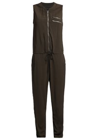 Ärmelloser olivgrüner Jumpsuit mit einem Frontreißverschluss, zwei Reißverschlusstaschen auf der Brust, einem Kordelzug in der Taille und tapered Beinen. Glatte Stofftextur.