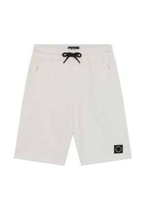 Lichtgrijze shorts gemaakt van zachte stof, met een elastische tailleband met een zwarte trekkoord, zijzakken en een zwart logopatch.