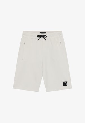 Pantaloncini grigio chiaro realizzati in tessuto morbido, con una fascia elastica in vita dotata di coulisse nera, tasche laterali e una patch con logo nero.