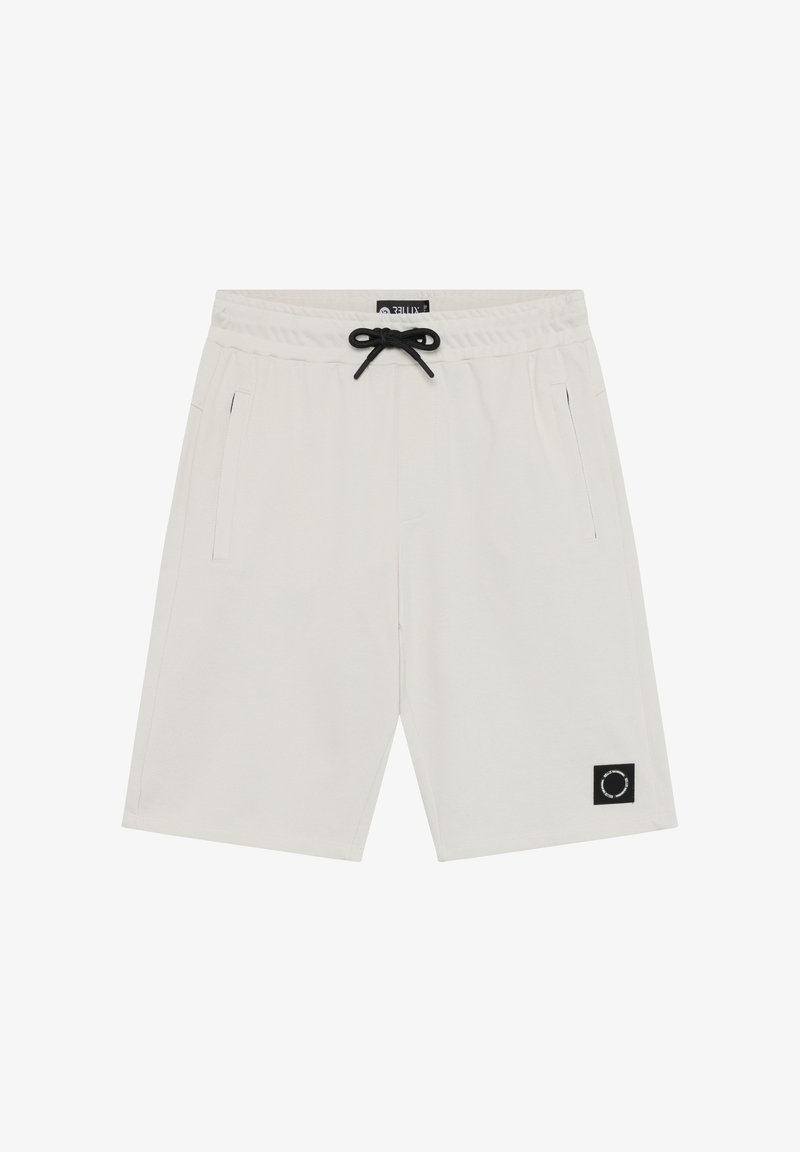 Lichtgrijze shorts gemaakt van zachte stof, met een elastische tailleband met een zwarte trekkoord, zijzakken en een zwart logopatch.