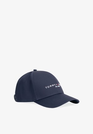 Marineblauwe baseballpet met gebogen klep en wit geborduurd Tommy Hilfiger-logo en tekst op het voorpaneel.