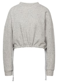 Sweat-shirt gris court avec un motif moucheté, doté d'un col montant, de manches longues et de cordons réglables à l'ourlet. Texture douce.