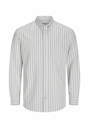 Gestreiftes Hemd in Weiß und Beige, mit langen Ärmeln, Button-Down-Kragen, Brusttasche und feiner Textur im Stoff.